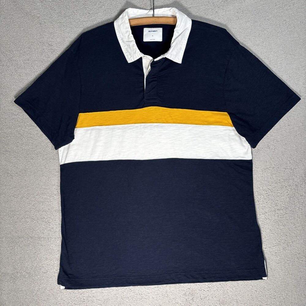 Old Navy Rugby Polo Shirt Mens XL Navy Blue White Yellow‎ Stripe S/s Blokecore